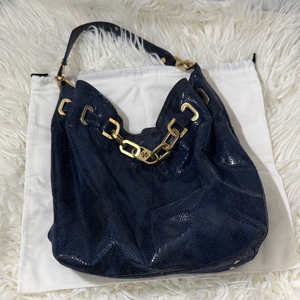 Tory Burch Python Embossed Leather Navy Hobo Hand… - image 8